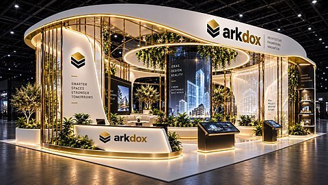 Arkdox pavilion, gold-framed entrance with hanging greenery