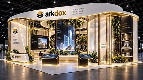 Arkdox pavilion central lightbox tower showing a wireframe skyline