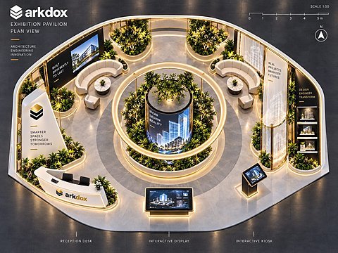 Arkdox pavilion overhead view of the full stand layout