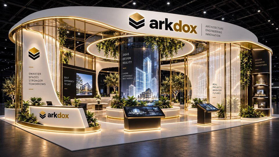 The Arkdox exhibition pavilion: a curved white and gold stand with hanging greenery and a lit glass tower